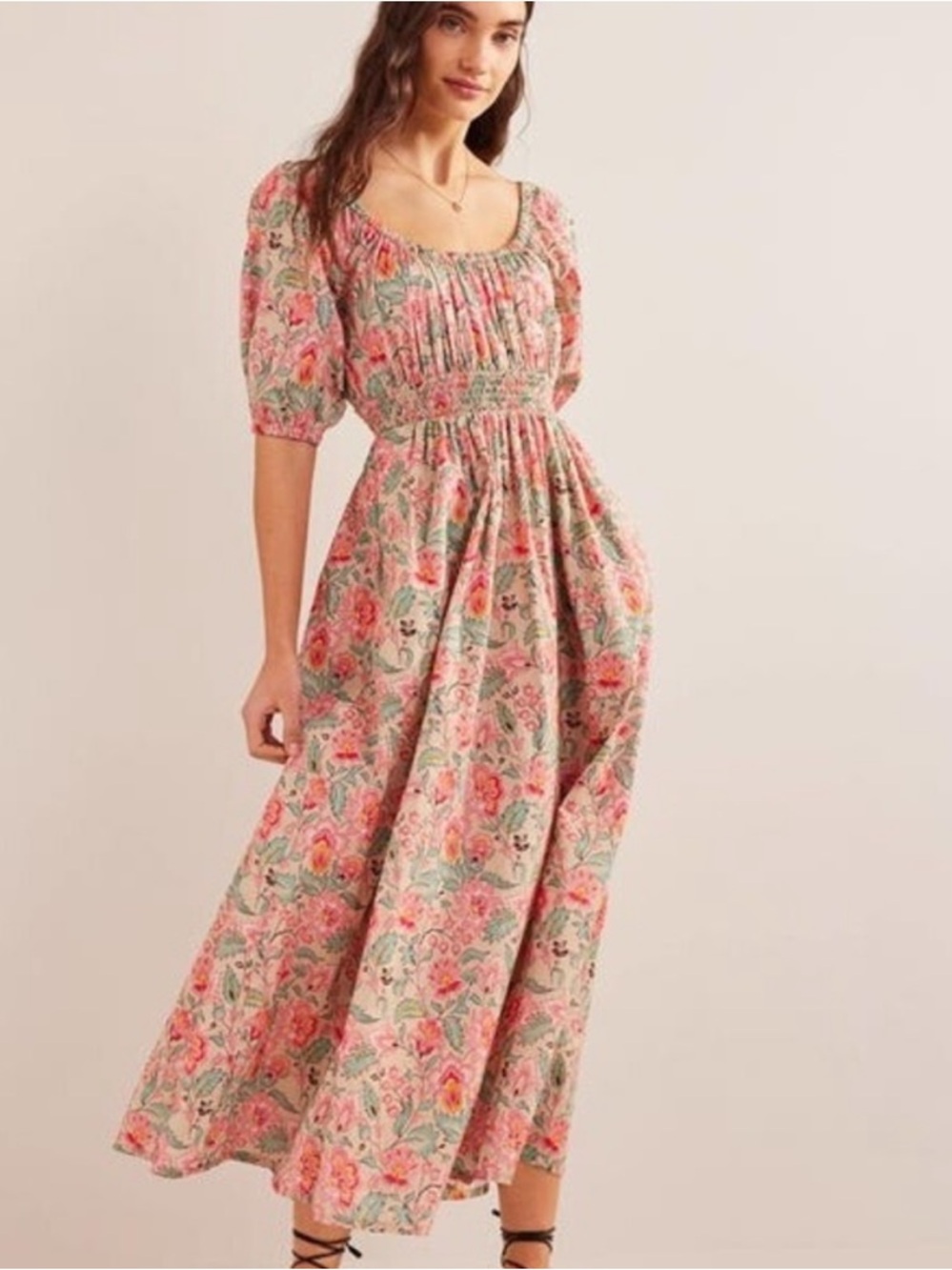 Boden Scoop Neck Maxi Dress Gardenia Whirl Smocked Waist Pockets 100% Cotton 16